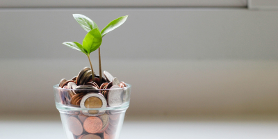 A jar of coins with a small plant growing out of the top.